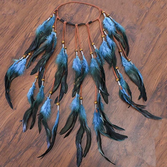 Bohemian Long Blue Feather Headdress Headband - Picture 3 of 14